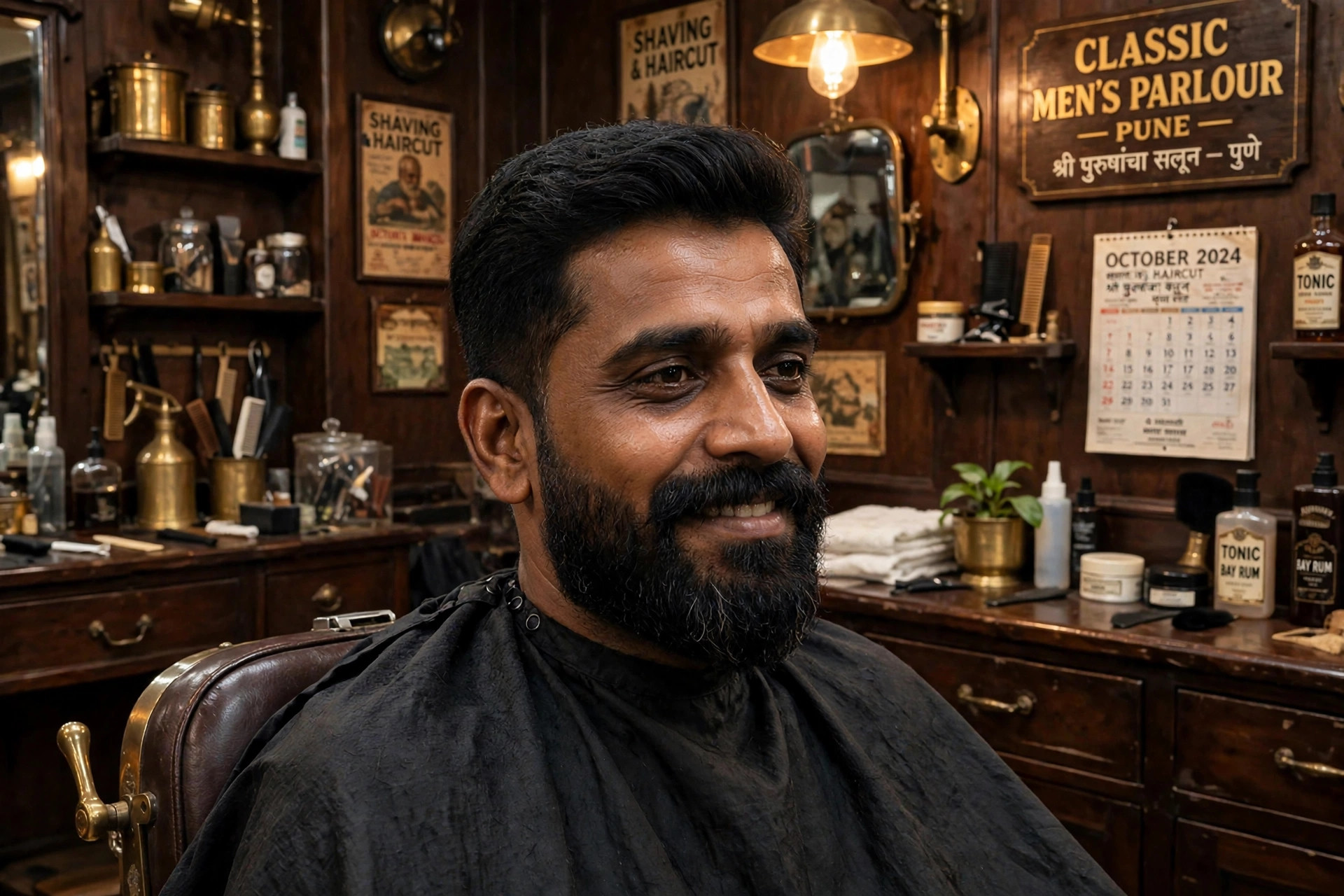 Same man with a regal sharp haircut and perfectly shaped beard looking confident after grooming